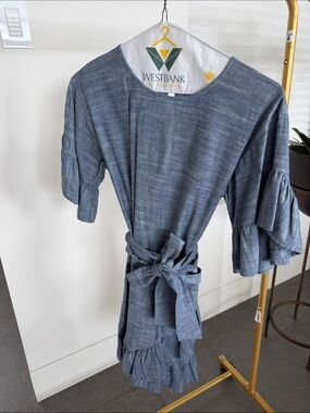Casual Blue Ruffle-Sleeve Tie-Waist Mini Dress